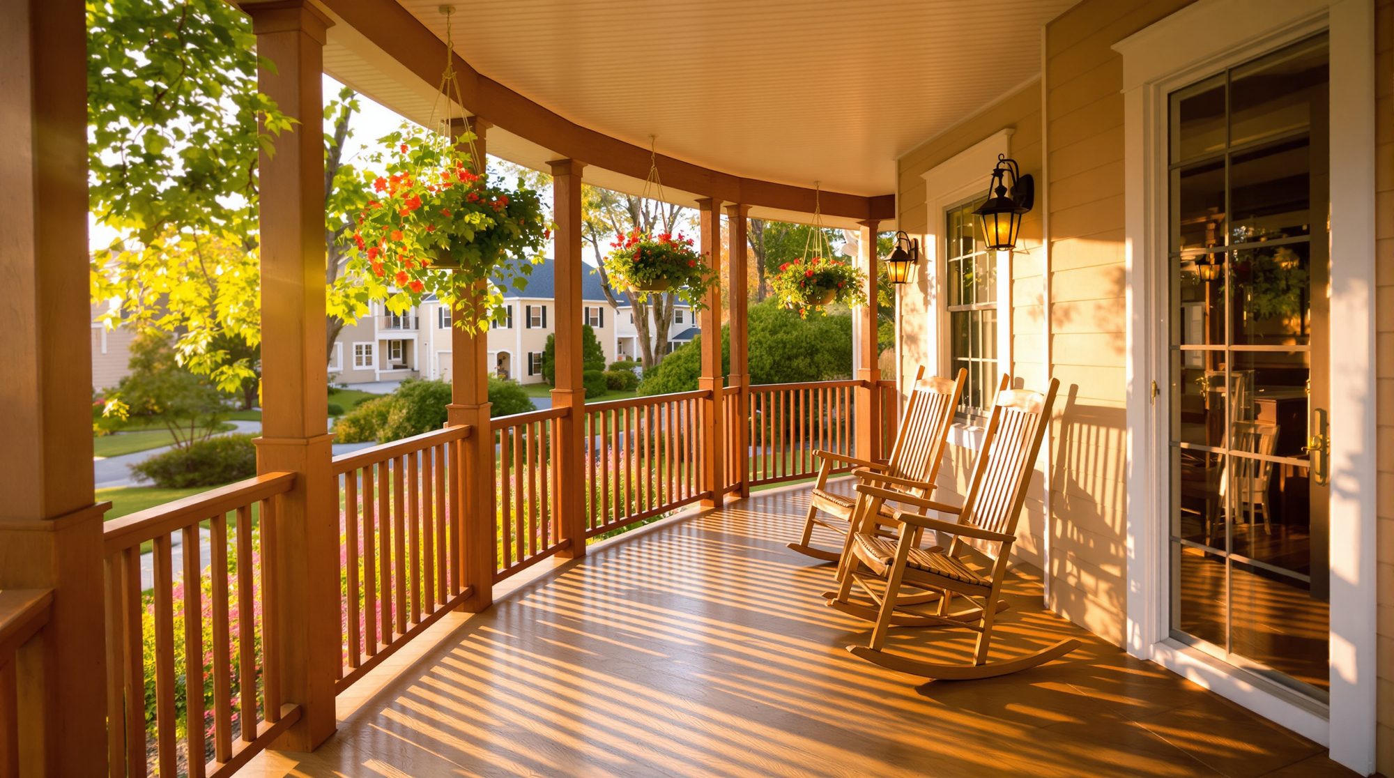 Warm front porch on a Venegas Contracting home, golden hour