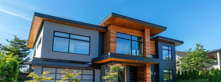a contemporary suburban house in west virginia, showcasing a variety of siding materials like fiber cement, vinyl, and wood, set against a clear blue sky, emphasizing durability and aesthetic appeal for homeowners.