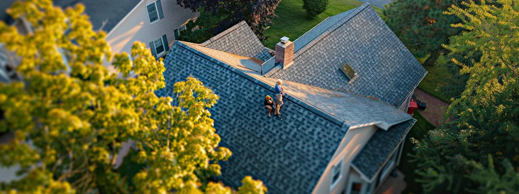 a focused view of a maryland suburban home showcasing a professional roofing repair team assessing the roof, surrounded by tools and materials, emphasizing the practical aspects of durability and maintenance in residential roofing.