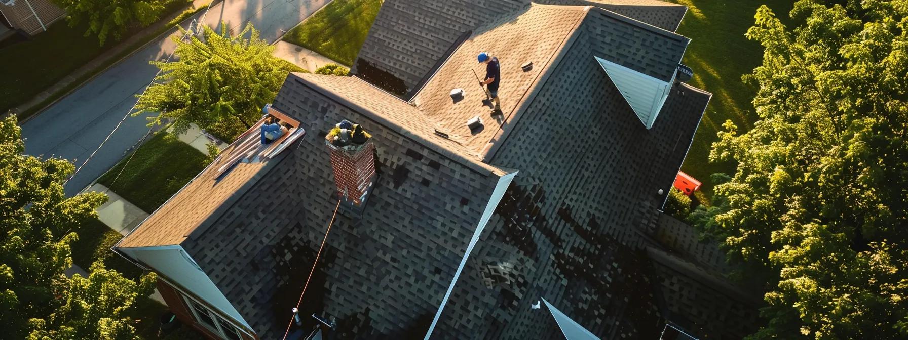 a focused view of a maryland residential home showcasing a professional roofing contractor meticulously inspecting materials on a neatly arranged worksite, emphasizing the systematic process of roof replacement and repair.