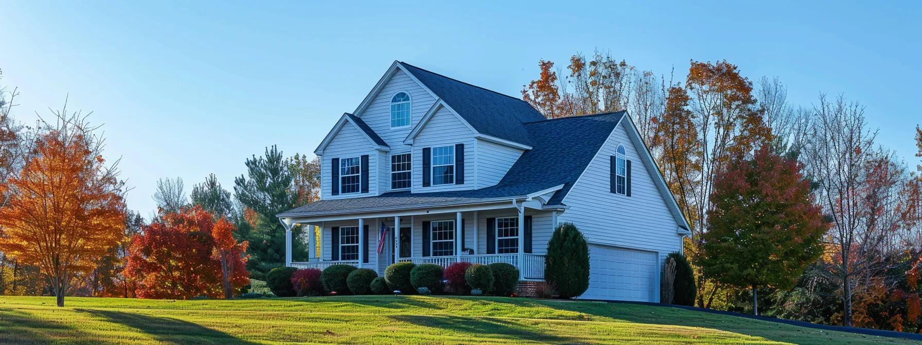 a well-maintained suburban home in maryland showcases pristine new siding, with a focus on detailed textures and vibrant colors, set against a clear blue sky, emphasizing the importance of regular maintenance and care.