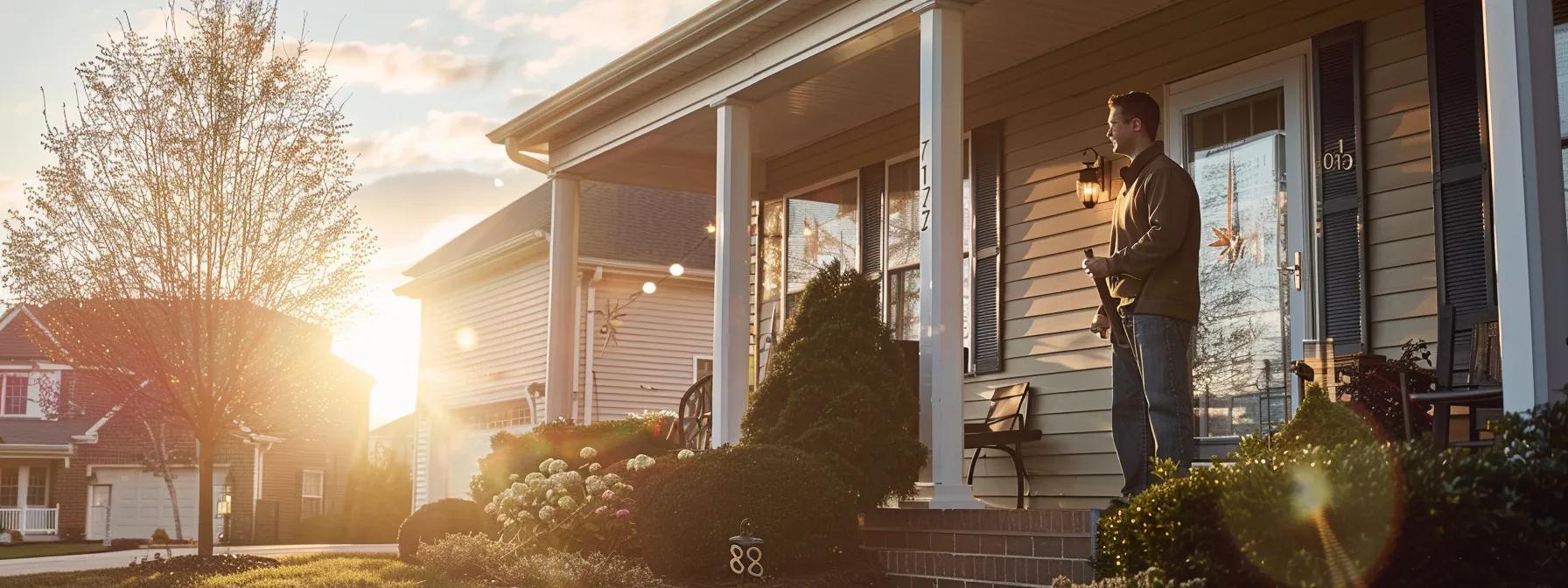 a well-finished suburban house in maryland showcases freshly installed siding, with a reputable contractor discussing options with a homeowner on the sunlit front porch, emphasizing professionalism and quality craftsmanship.