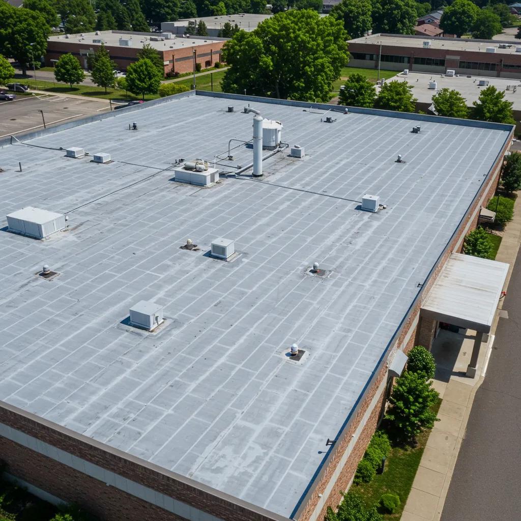 An aerial perspective of a commercial building featuring a reflective TPO roof, emphasizing its energy efficiency and integration into the urban landscape