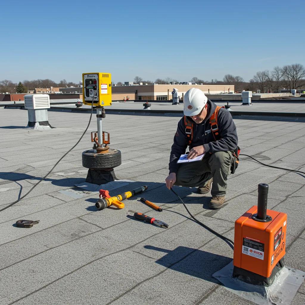 A commercial roofing contractor meticulously inspecting a flat roof, highlighting the crucial role of consistent maintenance