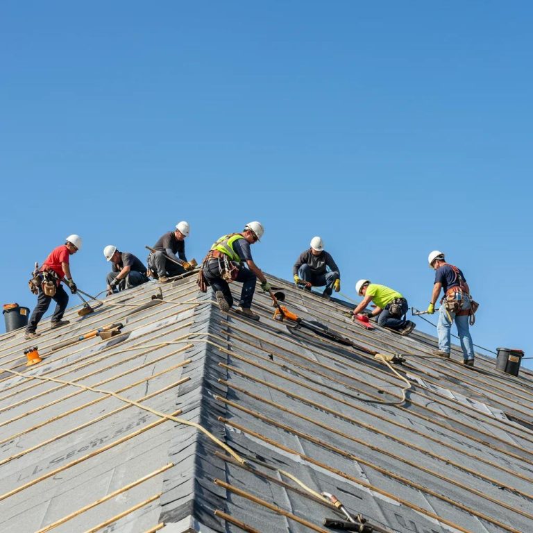 Expert commercial roofing contractors working on a large building, showcasing teamwork and professionalism